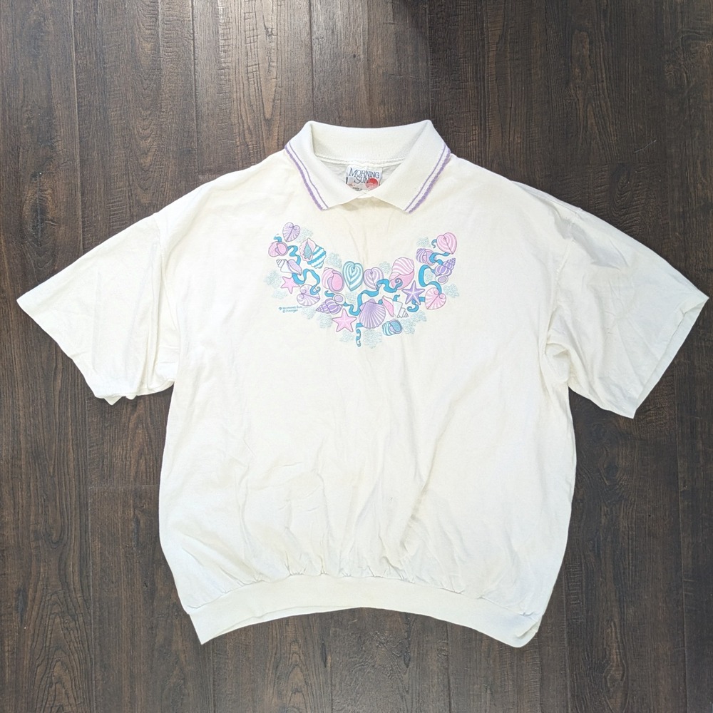 Vintage Morning Sun Seashell Graphic Polo Collar Sweatshirt Cream XL Made in USA